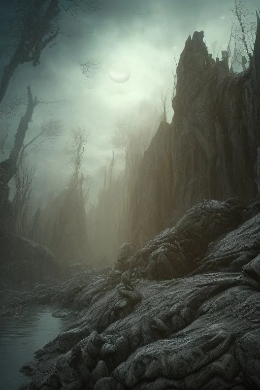 A spooky wasteland, 8k, bas-relief, extraterrestrial, eerie, jagged rocks, peaceful, cinematic 4d, sci-fi