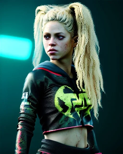 portrait, Shakira, blonde artist, angry, Realistic image, MMA robe, hoodie, mma gloves, fight pose, make-up make-up, gold line make-up, sweat, fog, goddess style, Neon colors, leds. Black background, photo studio, concept art, smooth, unreal engine 5, god lights, ray tracing, RTX, lumen lighting, ultra detail, volumetric lighting, 3d, finely drawn, high definition, 4k.