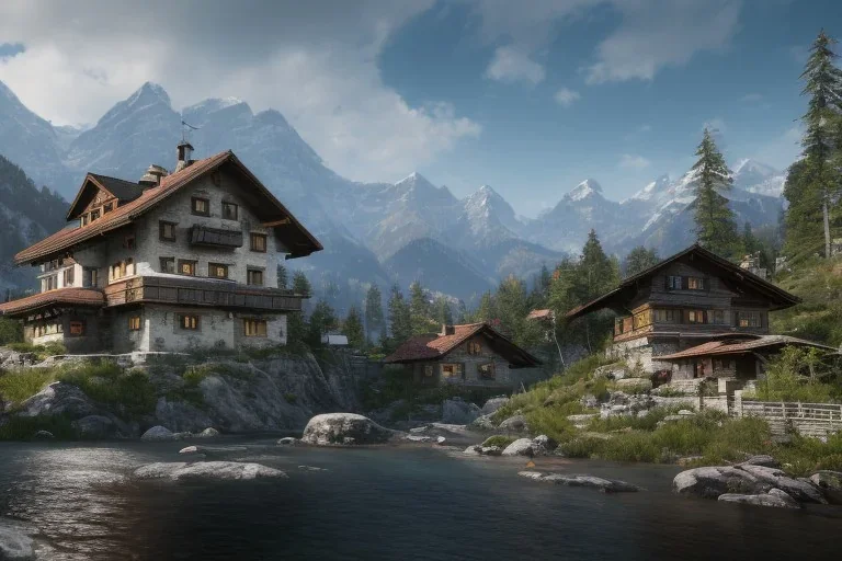 a swiss house in the mountains as far cry 4 concept art, spring season, beautiful, gorgeous buildings, oil painting, painting by viktor vasnetsov, concept art, fantasy landscape, swiss architecture, cryengine 5 enterprise engine, volumetric lighting, volumetric clouds, painting by ivan shishkin, hyperborea, hires, trending on artstation