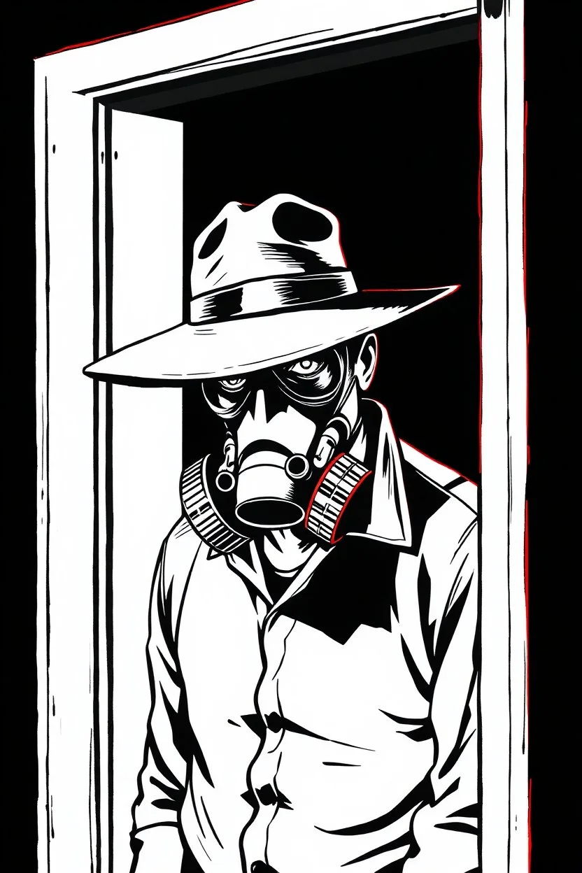 man with hat (wide and flat brim and a flat top) shading face, wearing a gas-mask, leaning in a doorway, vignette, black and white graphic novel style with a red outline on black background, gothic horror