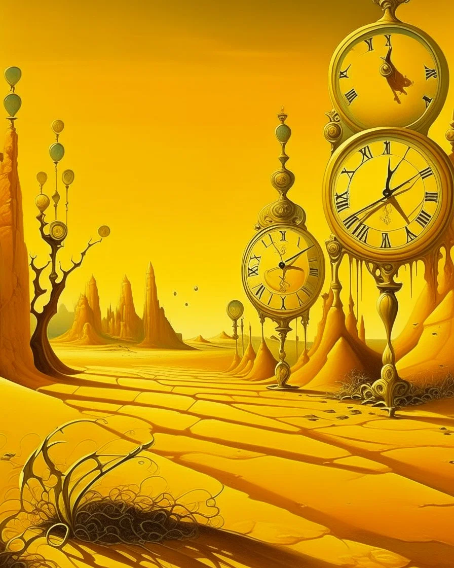 A golden yellow desert with clocks and hourglasses designed in Mayan architecture painted by Salvador Dali