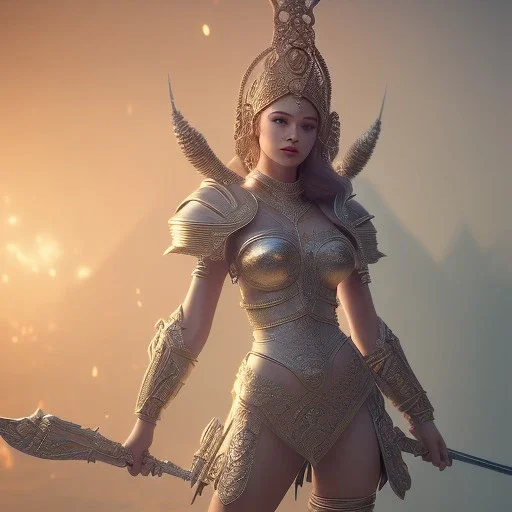 badass female goddess of war, very beautiful figure,tilt shift blur, wearing detailed,armor,object shadow,extraordinary, sharp focus,macro lens,intricate filigree metal design, full body portrait, cinematic, unreal engine 5, 8k, hyper realistic. Volumetric lighting, unreal engine 5 ,hyper elegant,hyperphotorealistic, epic composition,cinematic lighting, hyperphotomaximalist, masterpiece,epic composition, ,Glim lighting