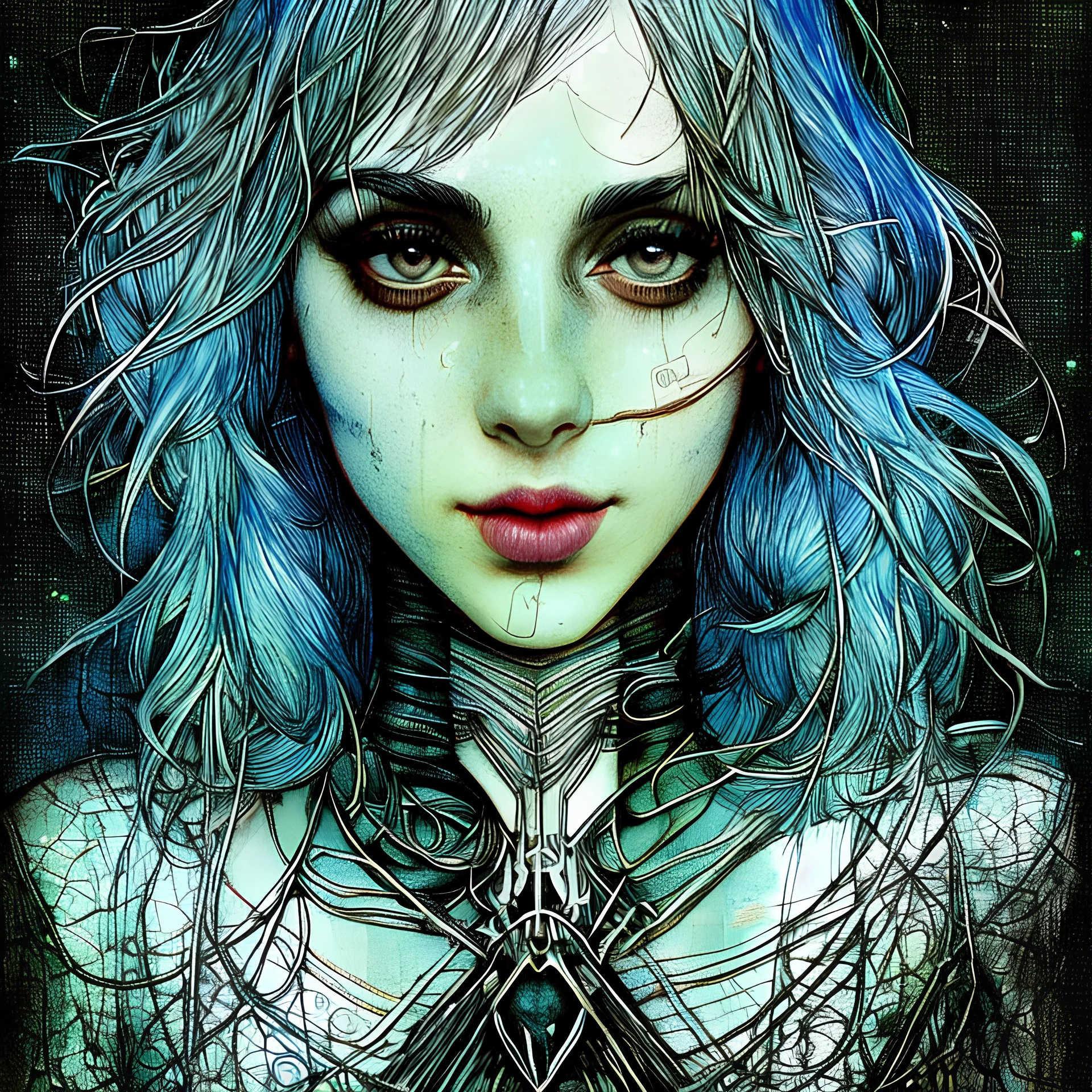 Singer Danish MØ face, beautiful cyberpunk huge girl, hyperdetailed, illustration by Arthur Rackham, darkblue tones,