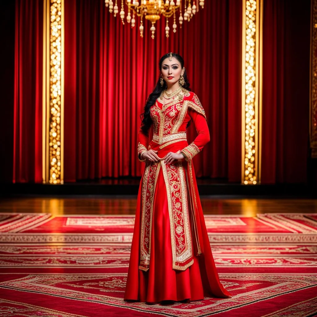 azeri female full bdy with traditional dance clothing in modern stage in a royal hall