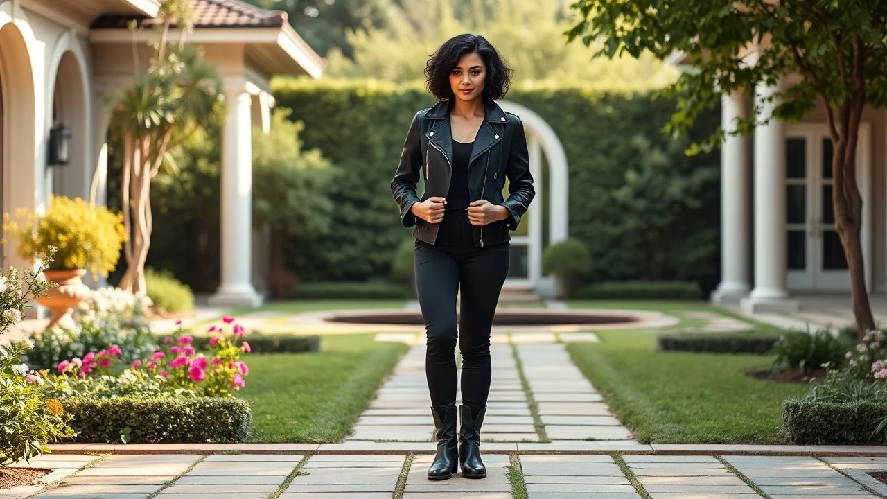 beautiful lady with short black curlay hair ,classic jacket and pant and stand full body hands free release pose pretty boots ,in a big beautiful villa garden