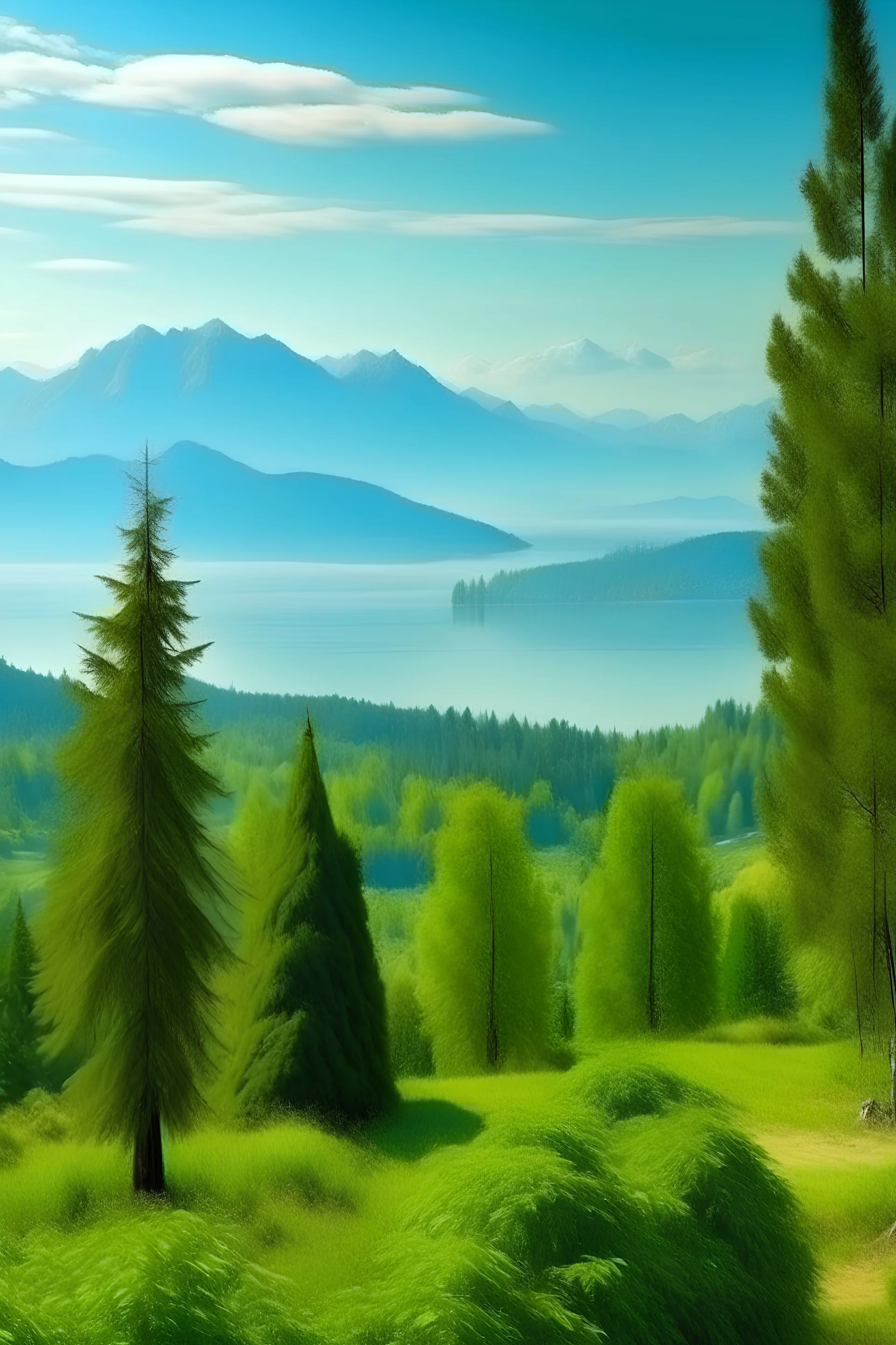 paisaje con árboles de distintos tonos de verdes, clima cálido y con montañas de seis mil metros de altura con un lago en el fondo