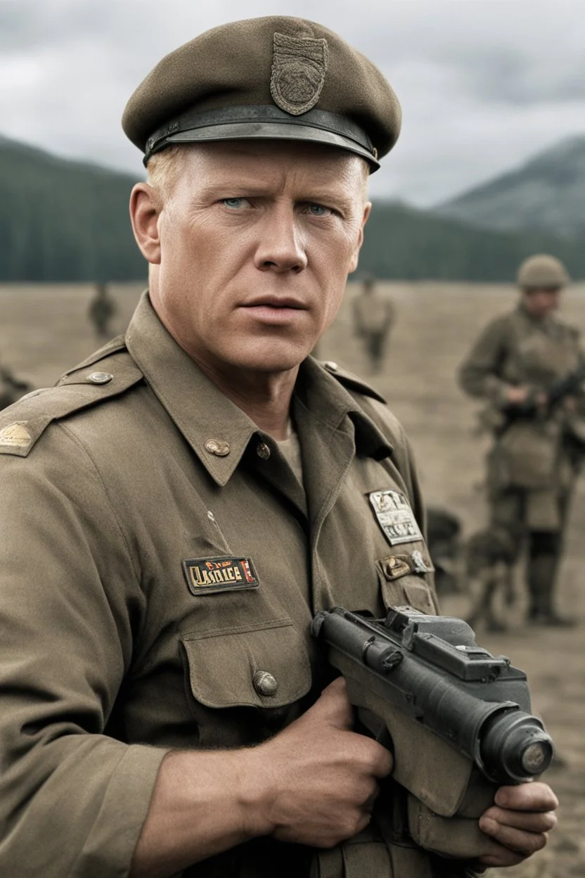 Band of Brothers, 20-year-old Michael Cudlitz as Staff Sergeant Denver "Bull" Randleman, WWII battle uniform, Professional quality full color photography by Ansel Adams - 4k UHD, Ultra-realistic, Hyper realistic, Photorealistic, Realistic, absolute Reality