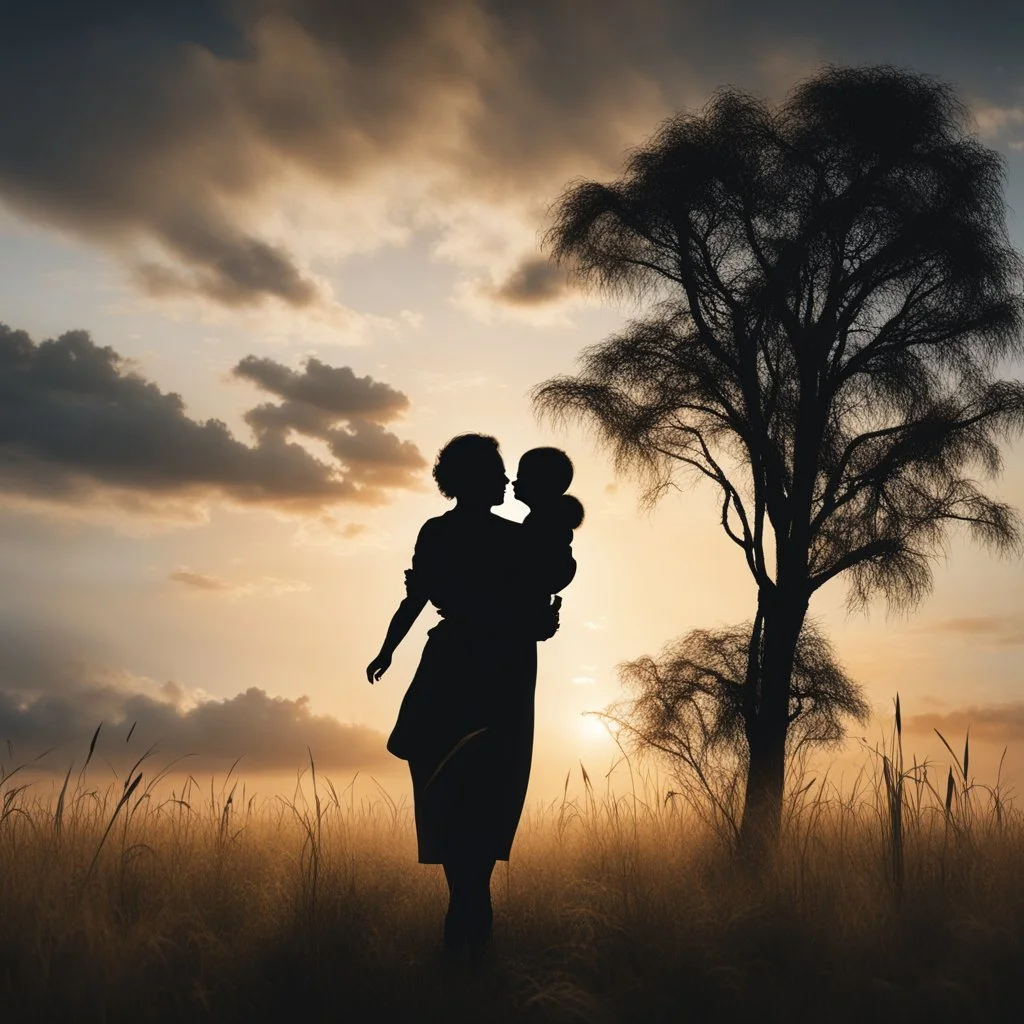 Hyper Realistic Photographic-Silhouette of a mother carrying her child at cloudy sunset in a field with tall grass & a thick-tree showing cinematic & dramatic ambiance