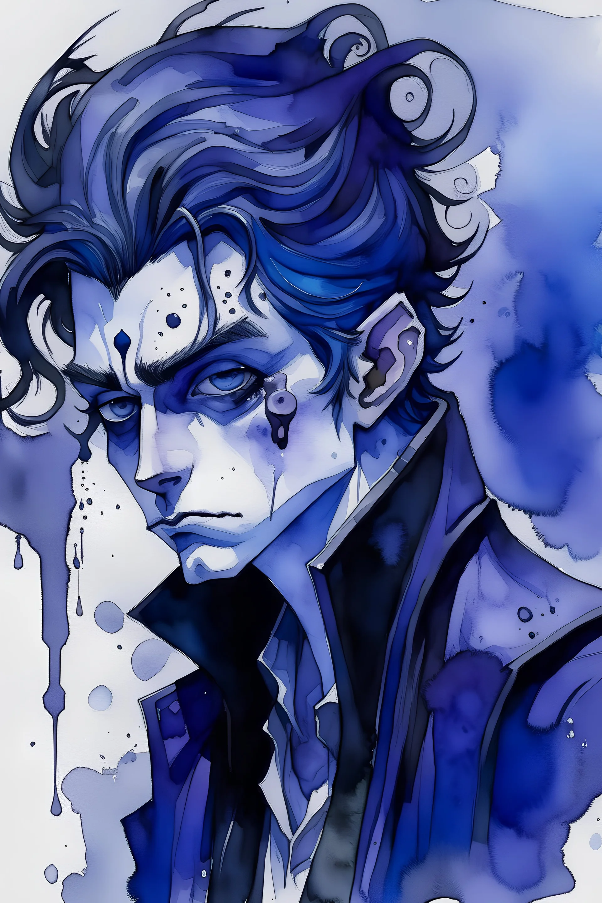 An ink wash and watercolor illustration of a young stoic Goth vampire male with highly detailed hair and facial features , in the abstract expressionist style, indigo and amethyst, ragged and torn Victorian costumes, hard , gritty, and edgy depictions, portrait vibrant forms, bat, ethereal, otherworldly