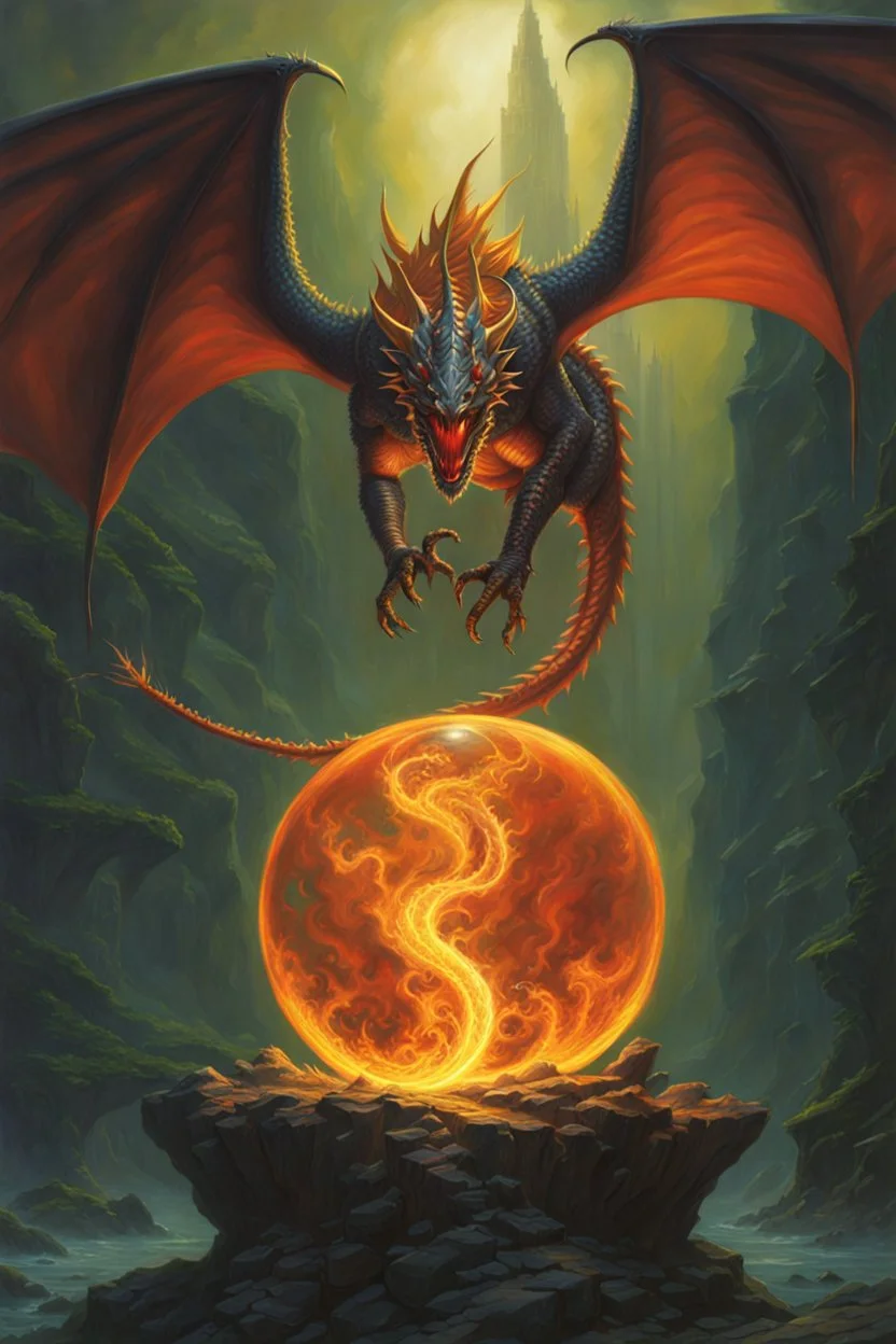 magic orb dripping with dragon fire. huge cloned wings. perfect claws. fantasy setting. concept art, intricately detailed, color depth, dramatic, colorful background. painted by Larry Elmore