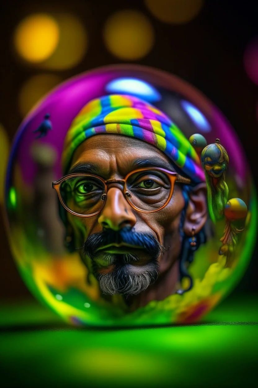 hyper real oil painting portrait of psychedelic snoop dog guru from India watching himself inside a sphere in slimy bubbles and gelatinous background, zeiss prime lens, bokeh like f/0.8, tilt-shift lens 8k, high detail, smooth render, down-light, unreal engine, prize winning