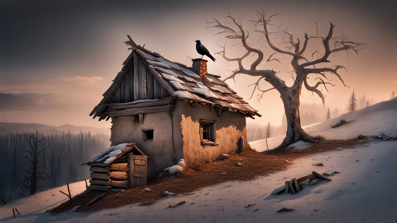 a lonely old adobe hut with worn adobe brown-gray wall and a small window, a crumbling roof, an old chimney stands on a hill, next to it is a small woodshed by the wall, and an old withered tree leans over the hut on thr old tree sitting a black crow, the hut stands on the edge of a European forest, winter, snowy landscape, low light, dawn, snow, high detailed, sharp focus, high realistic, perfect photo