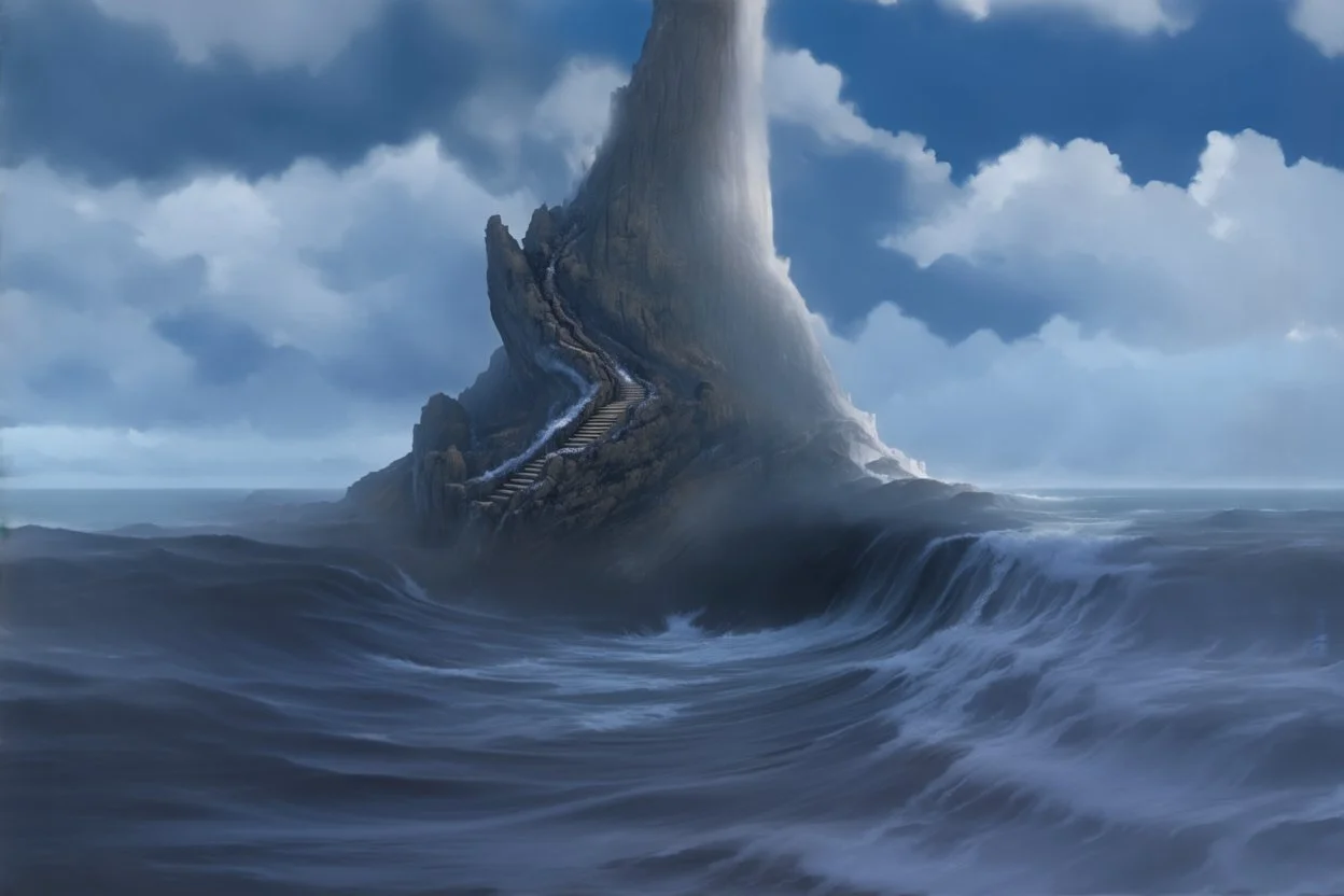 A colossal, calcified mountain, shaped like a great burned redwood tree trunk, rises dramatically from the ocean. A powerful whirlpool swirls around the entire mountain, drawing water from the ocean and funneling it into a massive, swirling vortex at the base of the trunk. Treacherous, wet stairs wind their way up the trunk, leading the viewer's eye upward. composition emphasizes scale and power of the mountain, intensity of the whirlpool. style: realistic fantasy. dramatic, moody lighting
