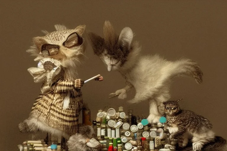 Jean-Baptiste Monge style. Full body of a humanoid biomorph kitten-owl faced nurse in hospital. Pills in jars and piles. A furry striped dress, covered with owl feathers, in sunshine