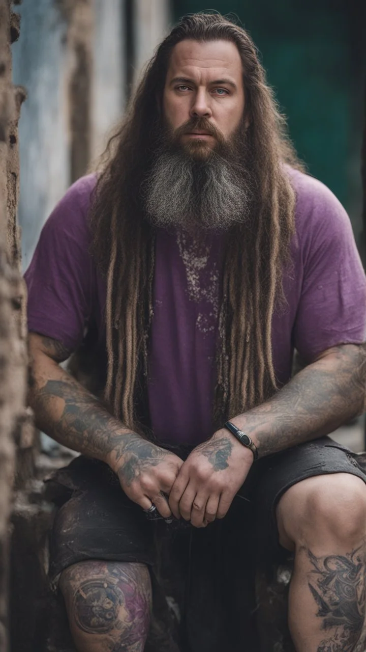 full figure photography of a hippy gipsy burly muscular chubby strong man 31 years old with long raided beard, shaved hair, tattoo, photorealistic ,dressed with a purple ripped t-shirt, side light, outdoor in a dirty street full of garbage