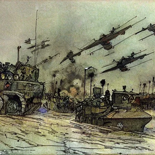 Russian invasion of Ukraine, Mariupol, by Arthur Rackham, tanks