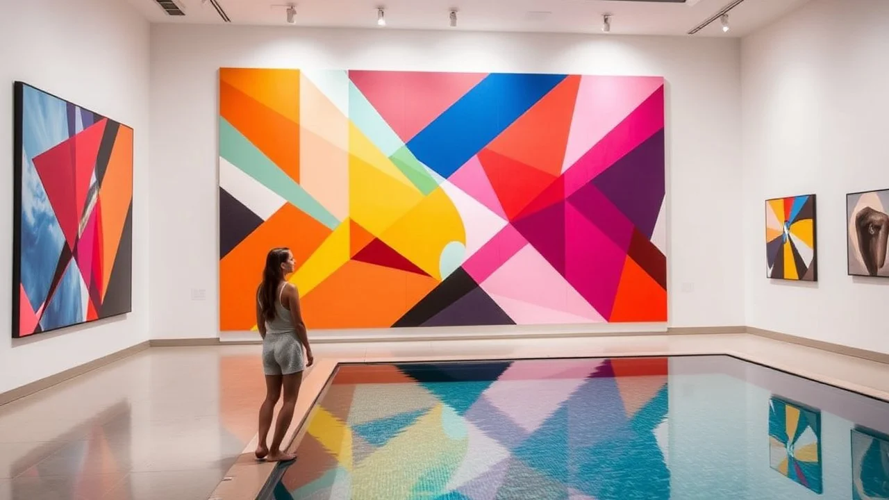 Abstract geometric art with vibrant colors displayed in a modern art gallery, showcasing sharp angles, overlapping shapes, and a dynamic composition under the bright gallery lighting. Woman and pool