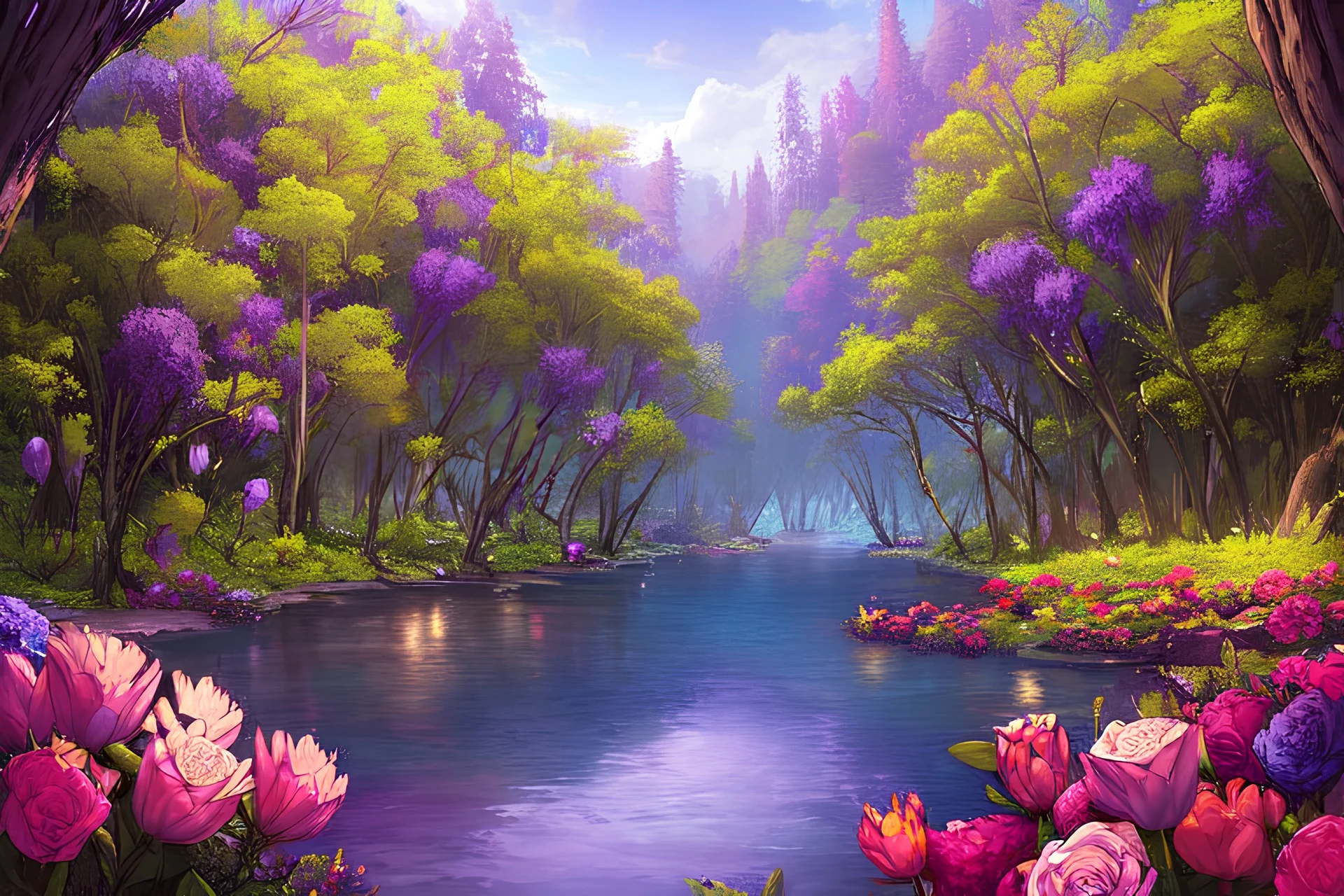 a beautiful scene of a forest in the distance with very purple trees and a shimmering blue river going down the forest the sky is an orangey pink, and lots of flowers on the river banks, very realistic details