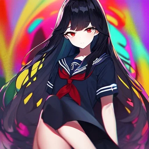 Clear focus, High resolution, long black fluffy hair, red eyes, chopped bangs, wearing a sailor uniform, wearing a sailor skirt, colorful, hollywood, female, human, mortal, thin legs, no outlines, extreme close up