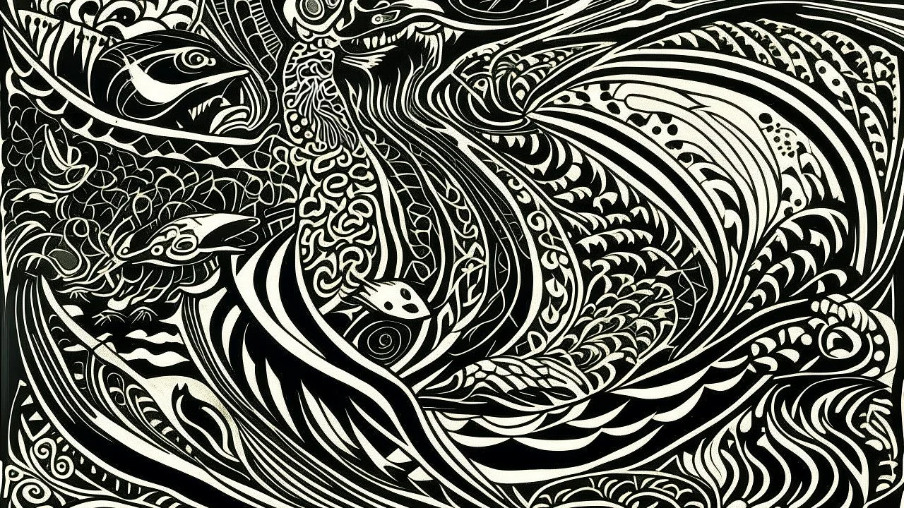 A striking linocut piece, precise lines and intricate patterns come together in a stunning display of abstract art. The monochromatic color palette of black and white highlights the intricate details of the composition, creating a visually captivating experience. The main subject of the image appears to be a fantastical creature, with sharp angles and graceful curves that seem to suggest both power and elegance. The contrast between light and shadow adds depth and dimension to the artwork, eleva