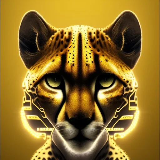 A beautiful portrait of a cyborg cheetah yellow neon color scheme, high key lighting, volumetric light high details psychedelic background