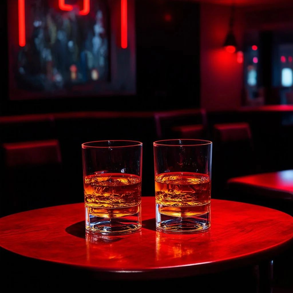 a table showing two whisky glasses on a table in the middle of a very dark bar room, red neon hues, van gogh style