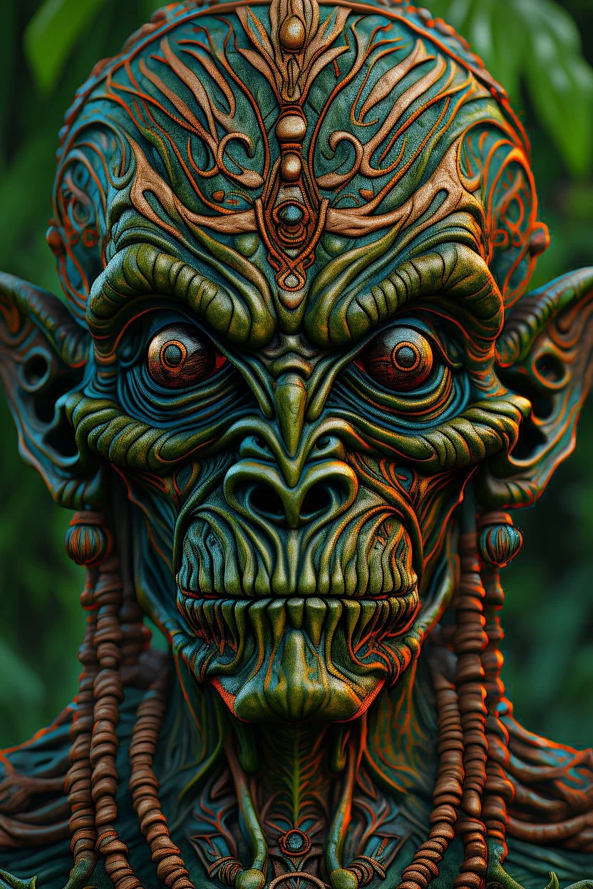 Swamp Thing, real alien character, ominous, facepaint, waist up portrait, intricate, oil on canvas, masterpiece, expert, insanely detailed, 4k resolution, retroanime style, cute big circular reflective eyes, cinematic smooth, intricate detail , soft smooth lighting, soft pastel colors, painted Renaissance stylestyle