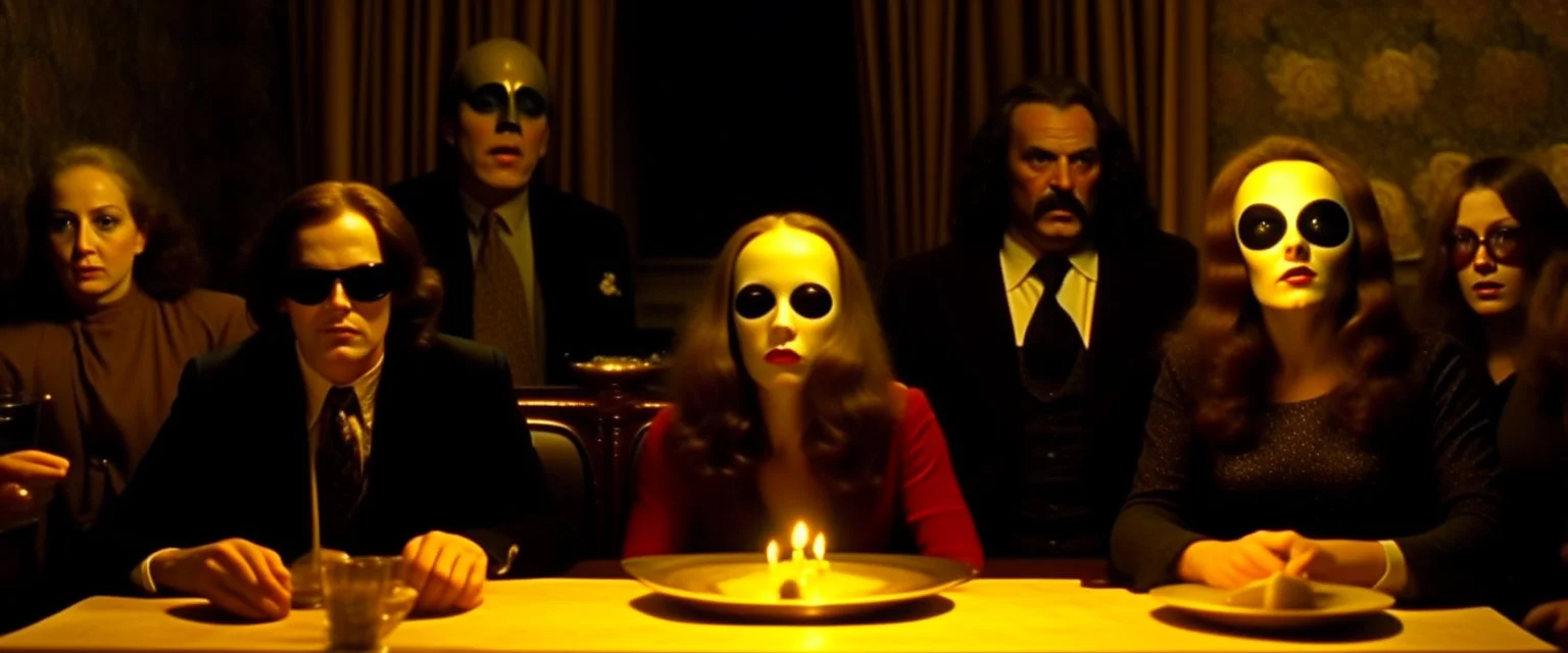 Spooky, ultra realistic distress, dining, ultra realistic hot woman, nose, giant eye on a table, organic hot bondes, bredst, dynamic, anguish, Stanley Kubrik Eyes wide shut, excited and lively scene, hypermaximalist figures, Creepy the Ring Alfred Hitchcock, Sam Raimi, insanely detailed, sinister, John Carpenter, Dario Argento, ornate