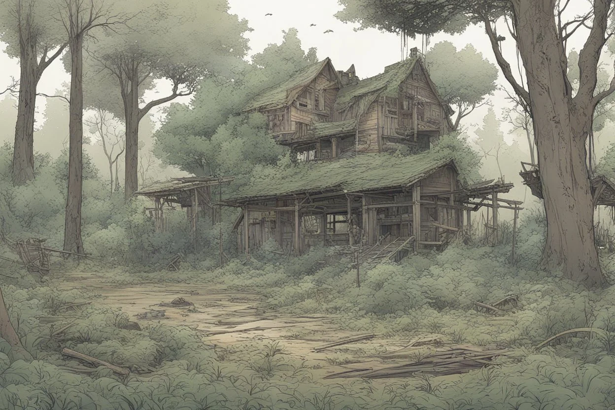 clearing, yard, forest,overgrown, post-apocalyptic, comic book,