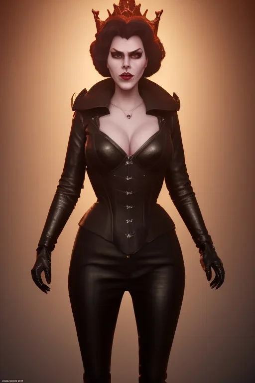 Hannah Waddingham as evil queen in black leather, busty, cleavage, voluptous, rebecca Welton, angry, stern look. character design by cory loftis, fenghua zhong, ryohei hase, ismail inceoglu and ruan jia. unreal engine 5, artistic lighting, highly detailed, photorealistic, fantasy