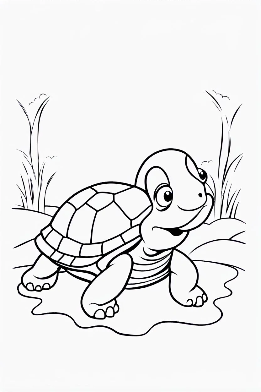 blank colouring book, white blank background, simple picture for toddlers, sweet and smilling turtle pet, disney and pixar style