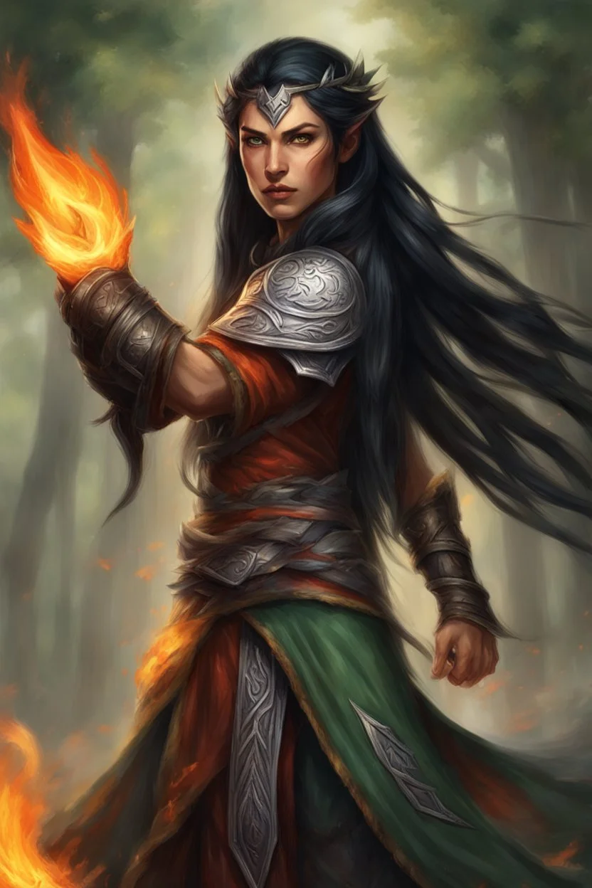 Generate a photo of a powerful eladrin Druid. Picture a female with long black hair, half braided and half down, seemingly ablaze as if made from fire. She opts for light armor, emphasizing agility in tandem with her mastery of fire and magic. A noticeable scar on her face tells of past battles. Visualize her skillfully conjuring fire from her hands, complemented by big, bright red eyes that gleam like flames. The tanned brown skin adds to her warrior aesthetic, embodying strength and elemental