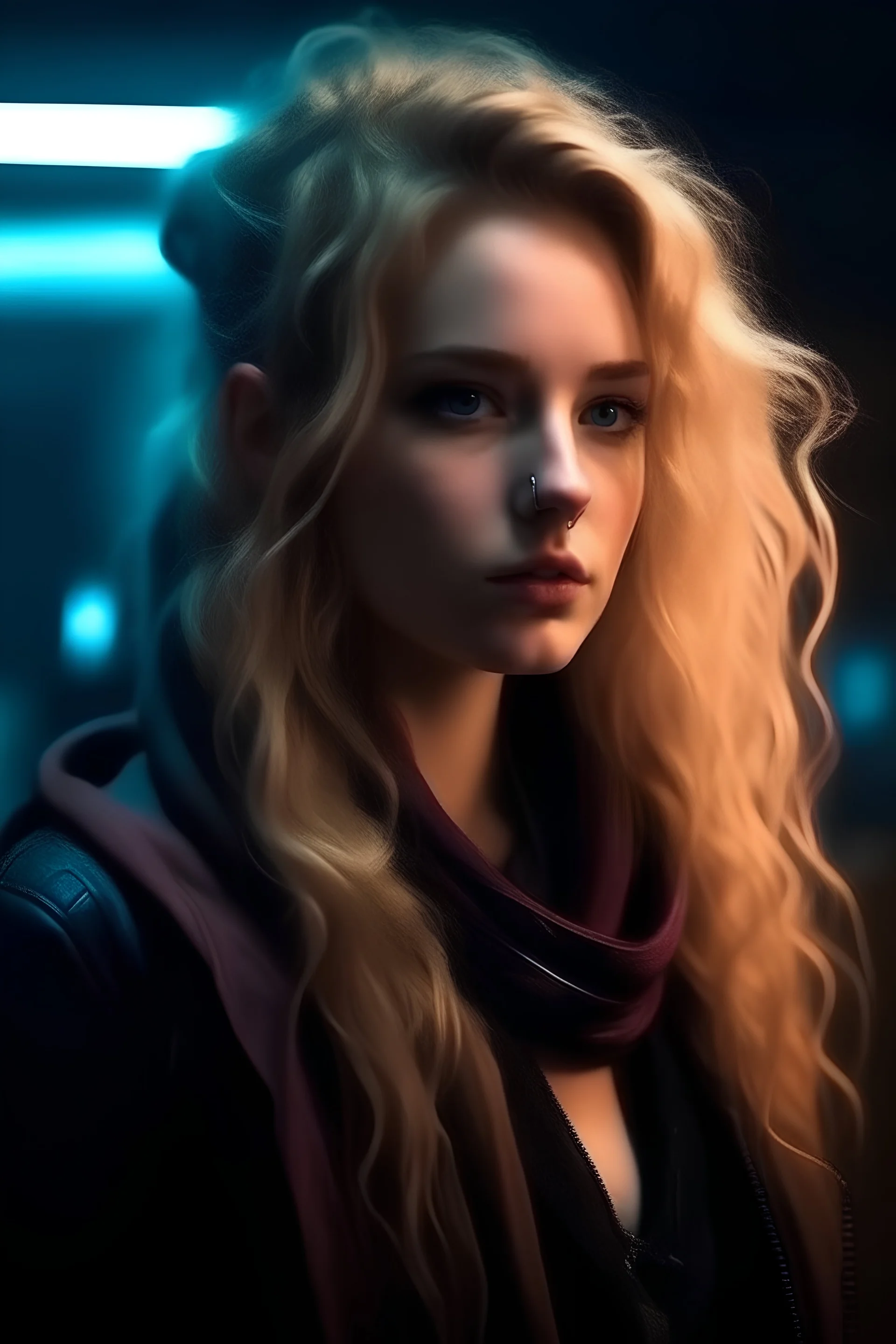 cyberpunk in a scarf curly blonde long blond hair tired braided hair she smokes in the dark