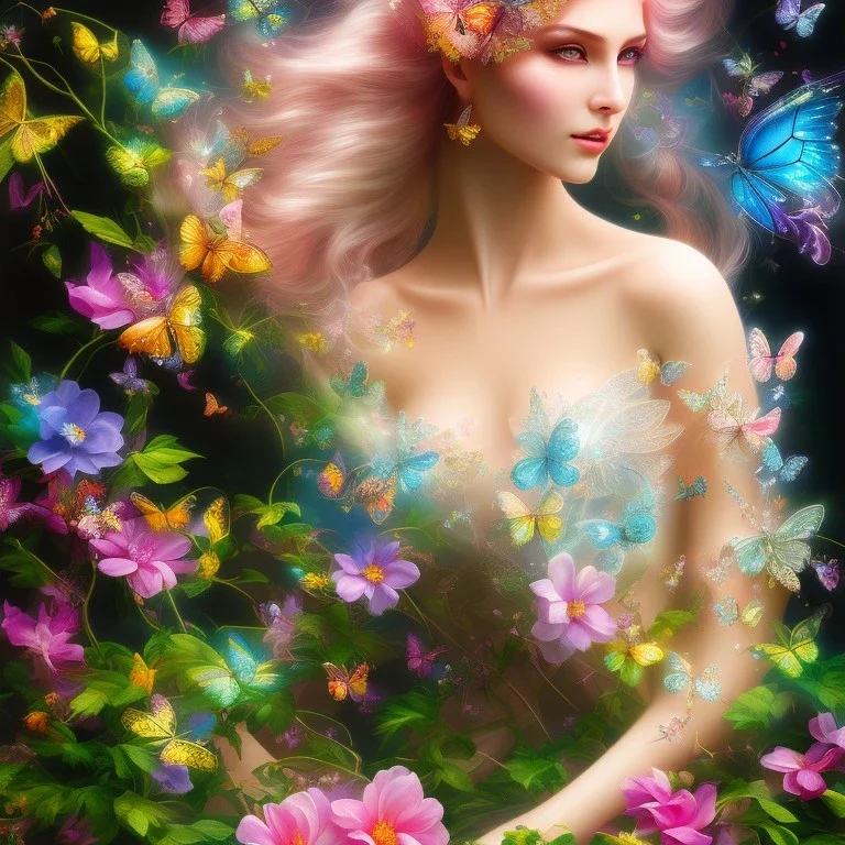 bright fairy, beautiful portrait, flowery luminous pastel colors, butterfly