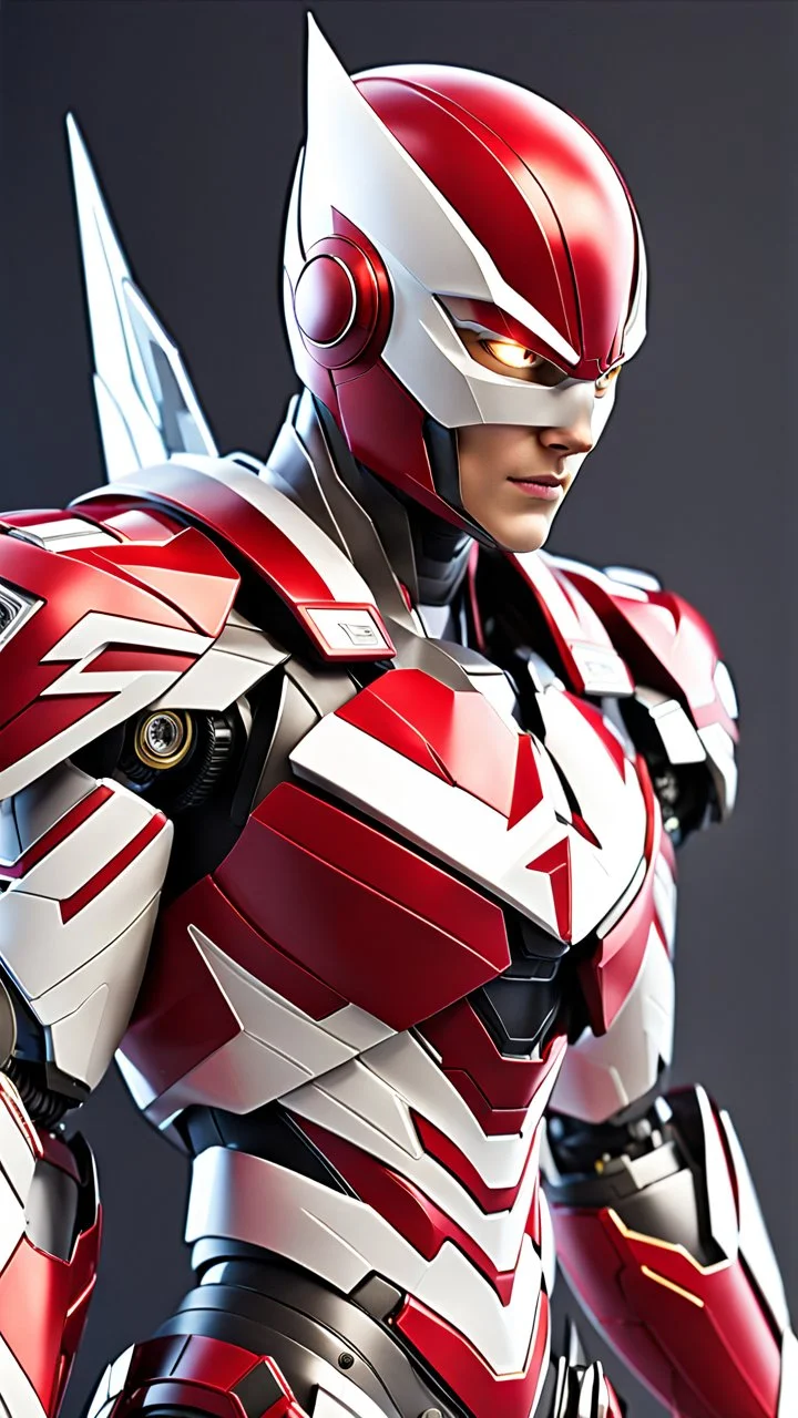 The flash robot with red and white color schemes, in the style of fairy academia, hard-edge style, agfa vista, dynamic pose, oshare kei, hurufiyya, rtx, close picture, intricate details, highly detailed, high details, detailed portrait, masterpiece,ultra detailed, ultra quality