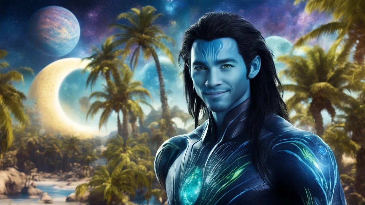 beautiful gorgeous young man na'vi with long hair, Avatar, blue skin, two small ears, green eyes, black hair, in cosmic suit, galactic ambiance, medium pointy goatee , smiling, with spaceship and planets and palm trees and clear crystaline cosmic beach in background