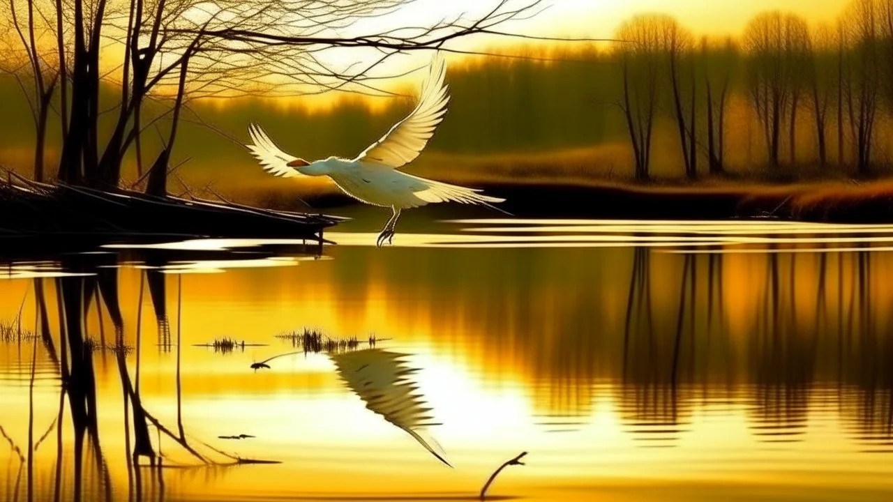 A white bird in flight carrying twigs against a golden sky reflected on a calm body of water