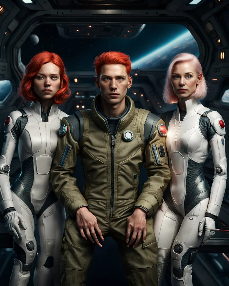 Photorealistic picture of a young man in a flight suit with two tall, slender female androids in biosuits, one with red hair and one with white hair, standing on the bridge of a spaceship.