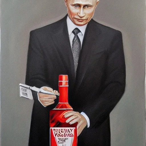 Vladimir Putin with vodka bottle painting art deco