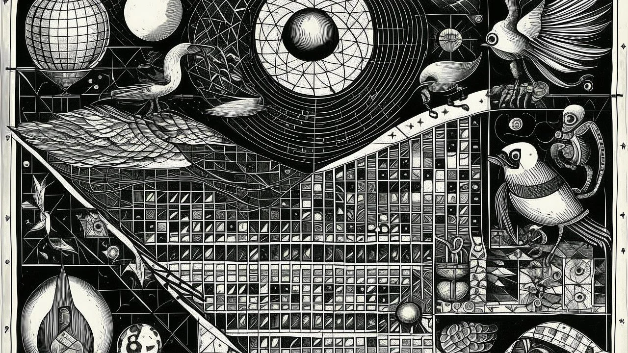 surrealism, drawing, black ink, pen and ink, abstract, geometric shapes, bird, eye, crescent moon, insects, chessboard, playing pieces, numbers, symmetry, intricate lines, minimalistic, monochrome, textured background, vintage, 20th century art, surrealist art, dreamlike, optical illusions