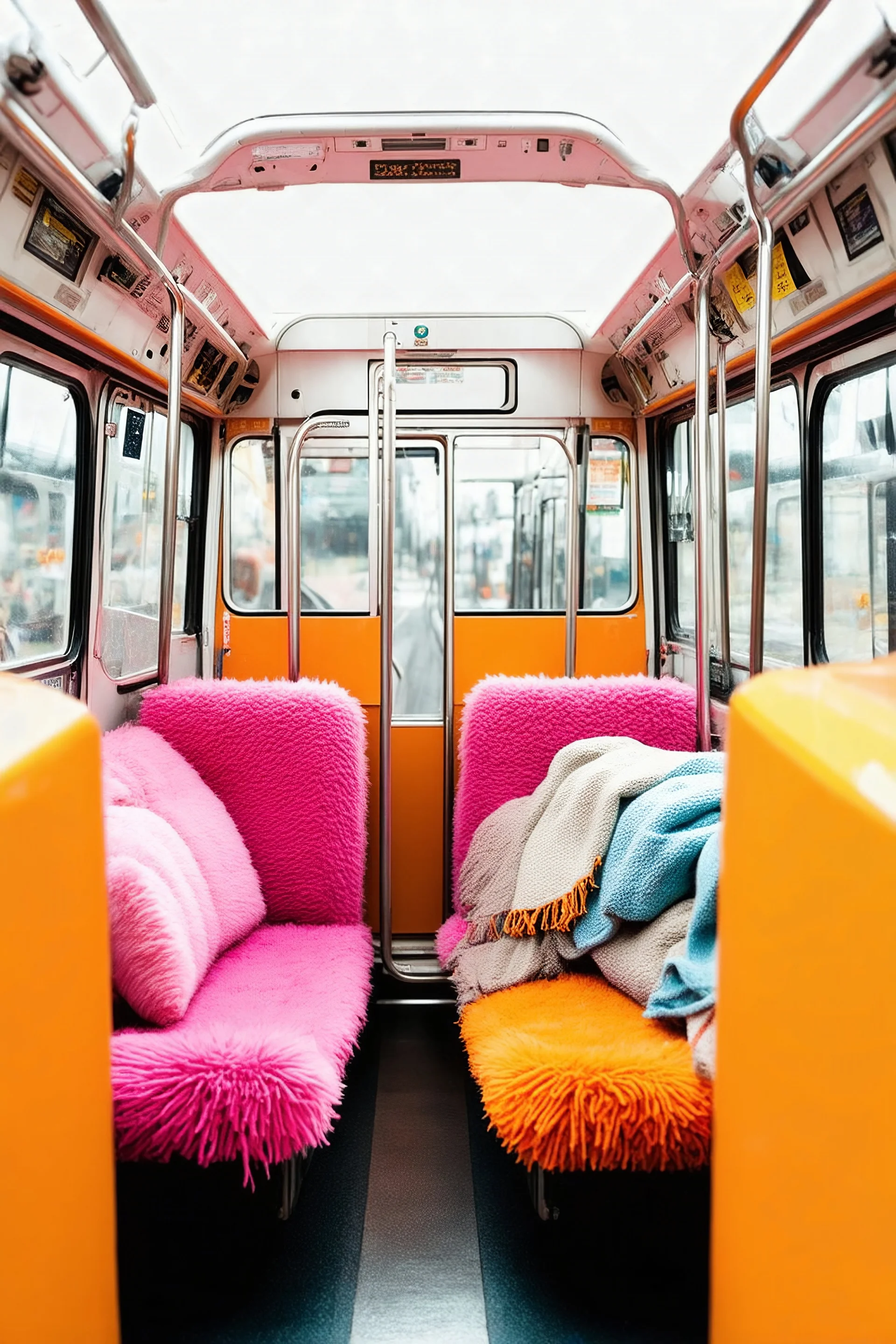 Métro with fluffy seats, orange, pink, hippie, wool, with blankets and cushions