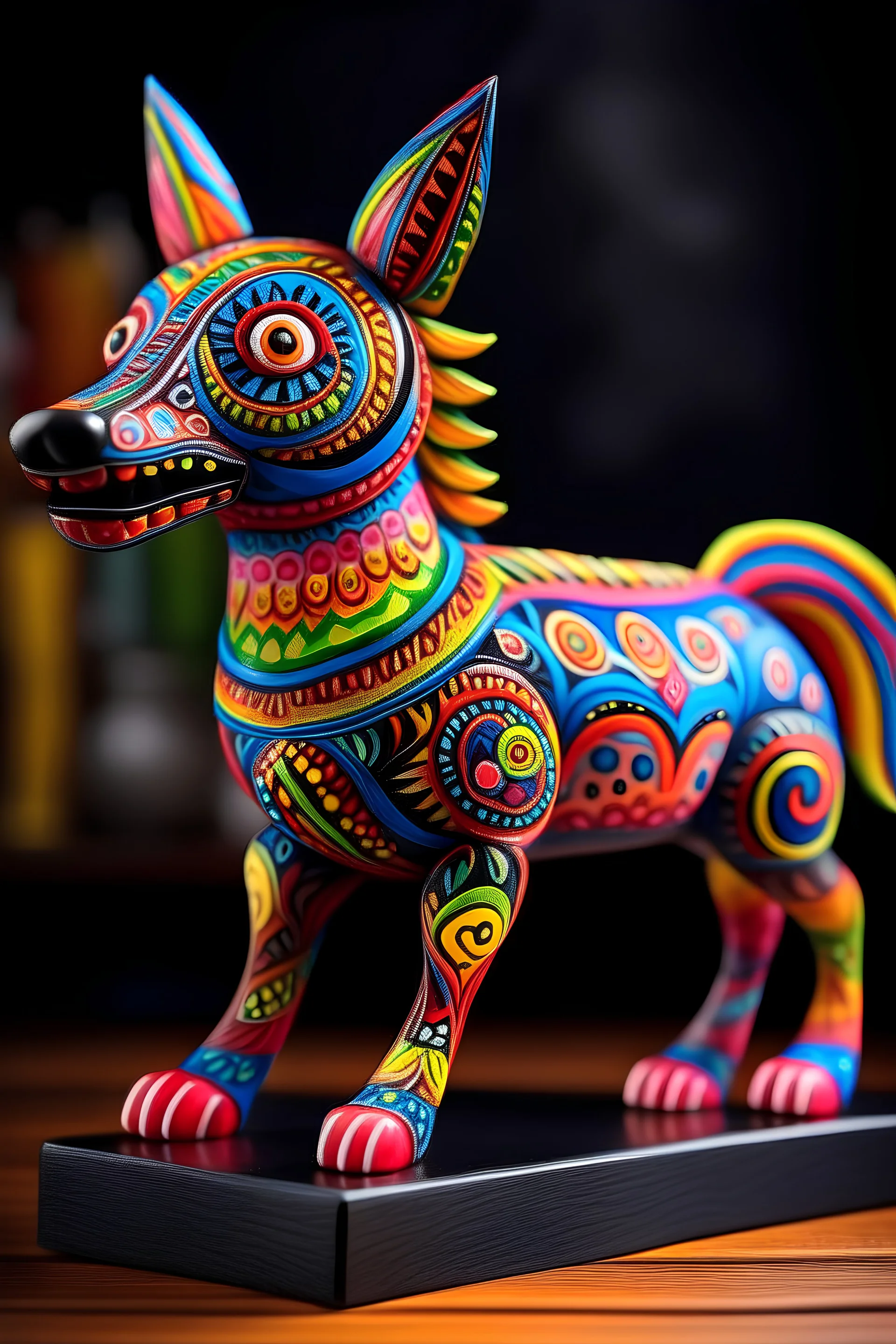 un ser con forma indefinida de bestia realista dibujado y pintado con acrilicos de colores estilo alebrije mexicanos de colores vibrantes. que genere una atmosfera de magia y encanto. Con fondo de un solo color