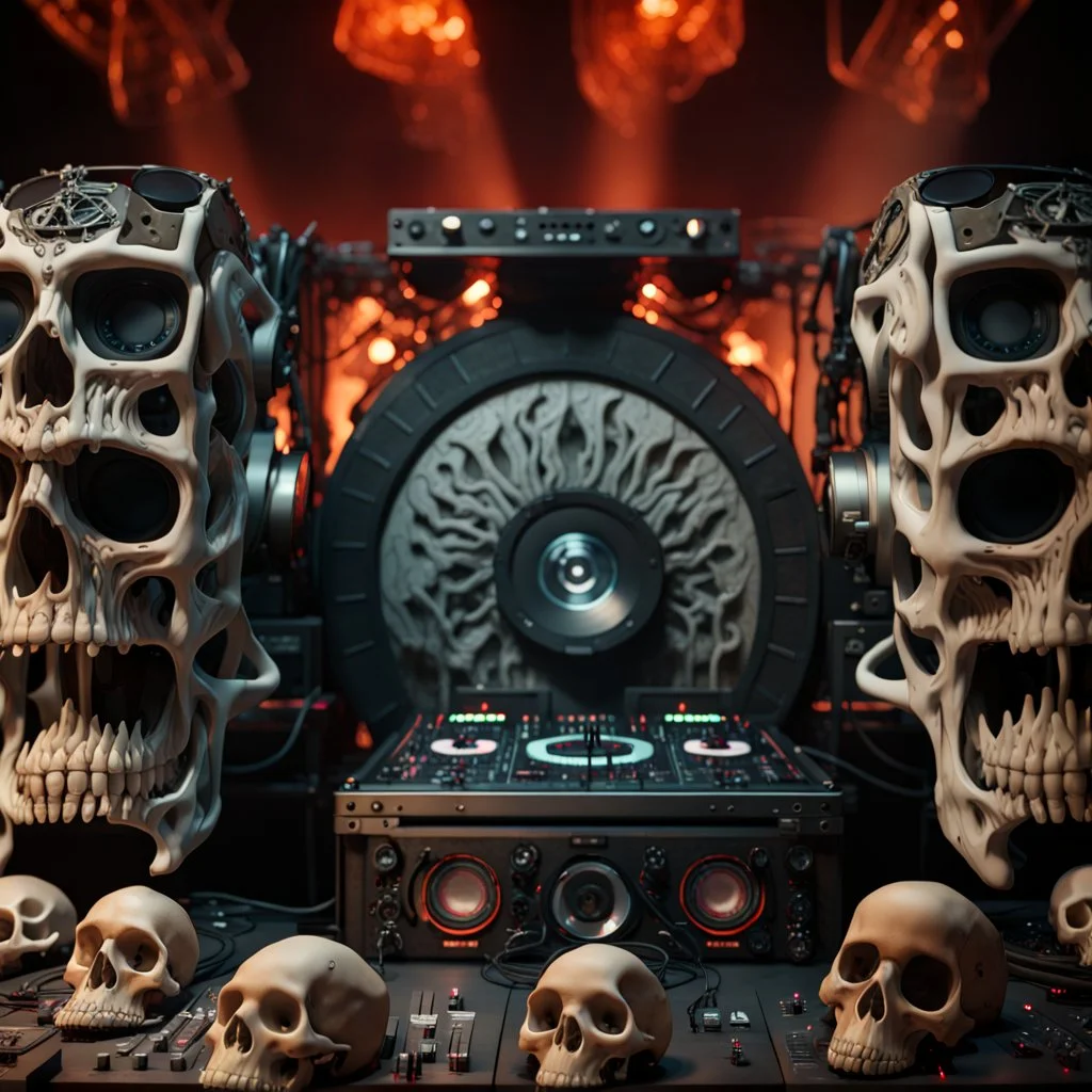 DJ of the damnded, insanely detailed DJ booth in hell, MID set, speakers and equipment made of bone, anatomically correct, add more skulls in th audience, photorealism, vray, 8k 3d