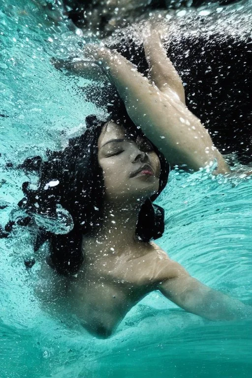 a beautiful woman, long curly black hair,closed eyes,coming from beneath the water,braking the surface with her face just coming out the water,looking up symbolism for breaking free. realistic,8k quality, action close shot from areal view,highly detailed , chaos 80