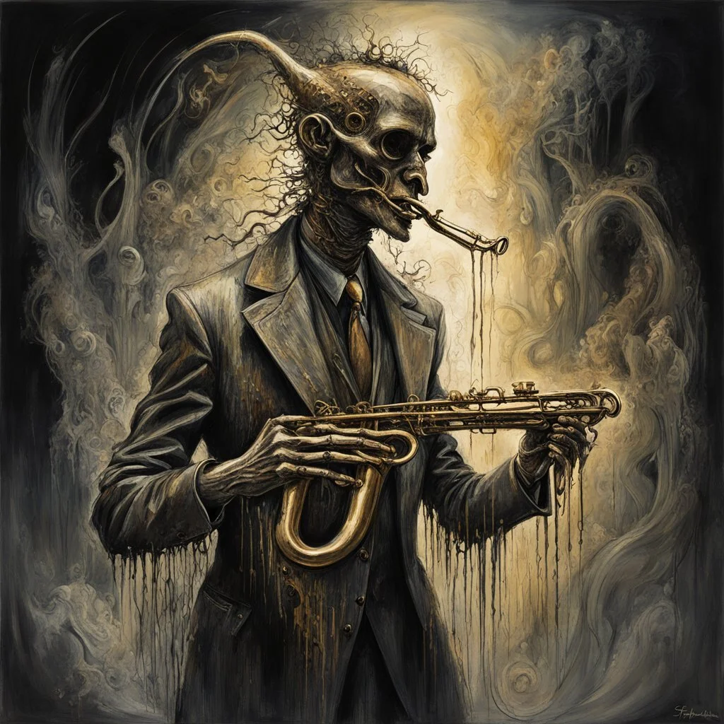 shadowy spectral figure with twenty fingers playing bronze saxophone, hypersurreal, cursed odd subway saxophonist, demon particles, hellish magical vapor, stringy aura, magical surrealism, concept art, smooth, by Stephen Fabian, by Denis forkas