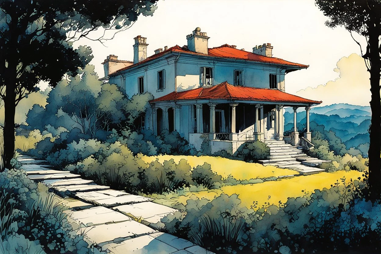 create in inkwash and watercolor a peaceful villa with expansive gardens set in the tranquil landscape of ancient Tuscany in the comic book art style of Mike Mignola, Bill Sienkiewicz and Jean Giraud Moebius, , highly detailed,, grainy, gritty textures, , dramatic natural lighting