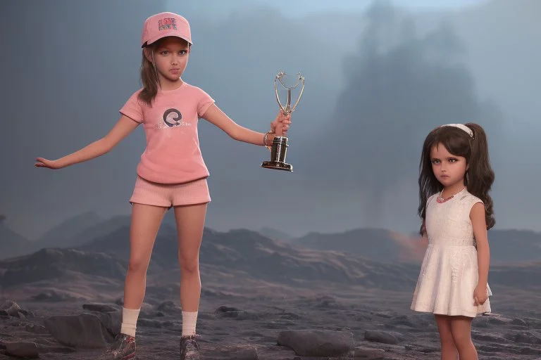 Girl 3d character with creative trophy with his hand like winner stand on stage.