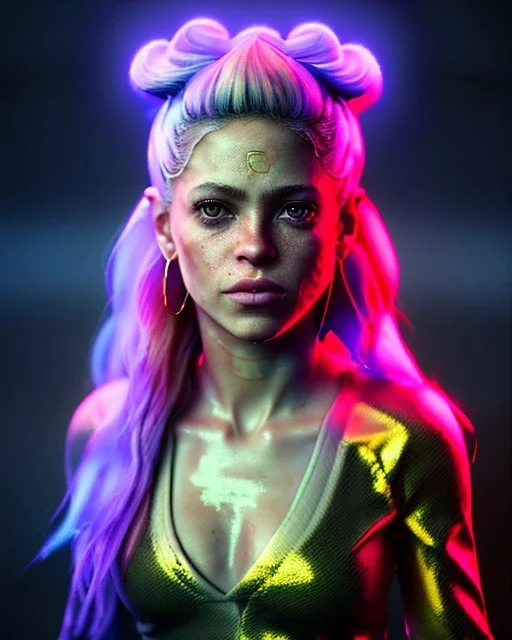 portrait, Shakira, blonde artist, angry, Realistic image, MMA robe, hoodie, mma gloves, loose long hair, eyes, make-up, gold line make-up, moisture, sweat, fog, goddess, Neon colors, leds. Black background, photo studio, concept art, smooth, unreal engine 5, god lights, ray tracing, RTX, lumen lighting, ultra detail, volumetric lighting, 3d, finely drawn, high definition, 4k.