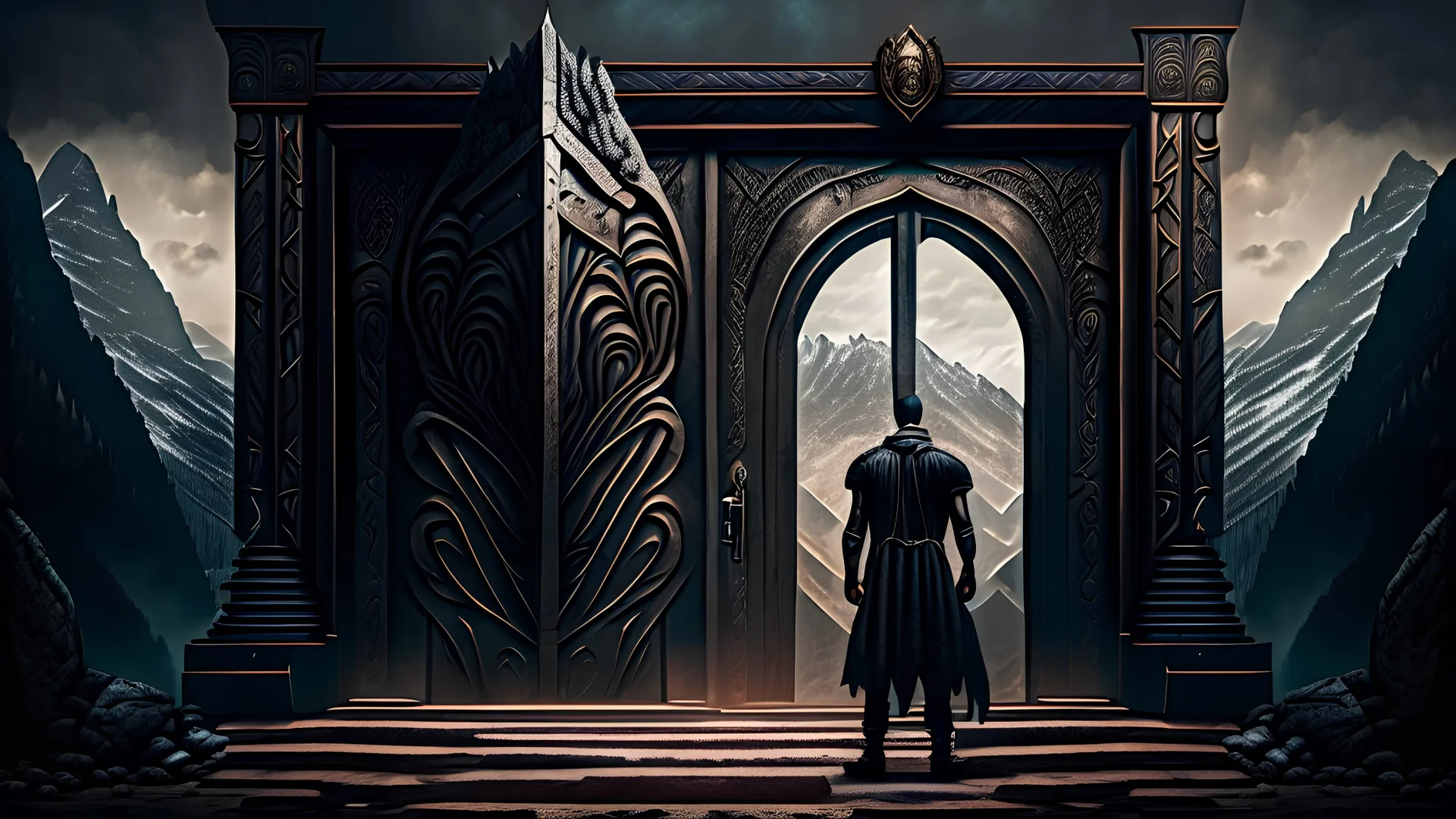 black king stands in front of huge door in mountain