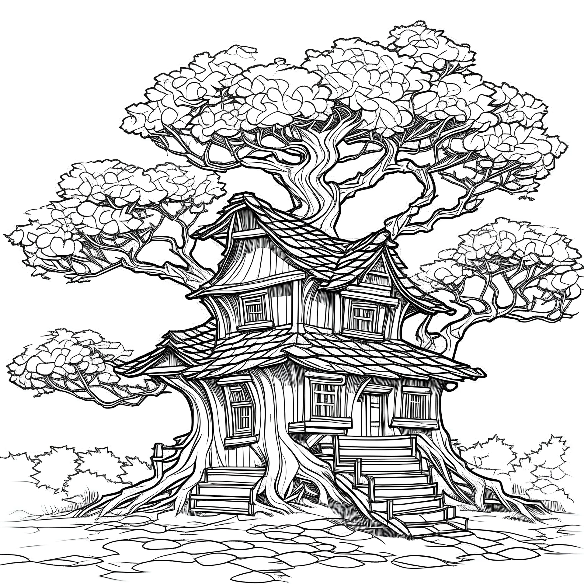 outline art for square twisted cottage old oak tree coloring page for kids, classic manga style, anime style, realistic modern cartoon style, white background, sketch style, only use outline, clean line art, no shadows, clear and well outlined